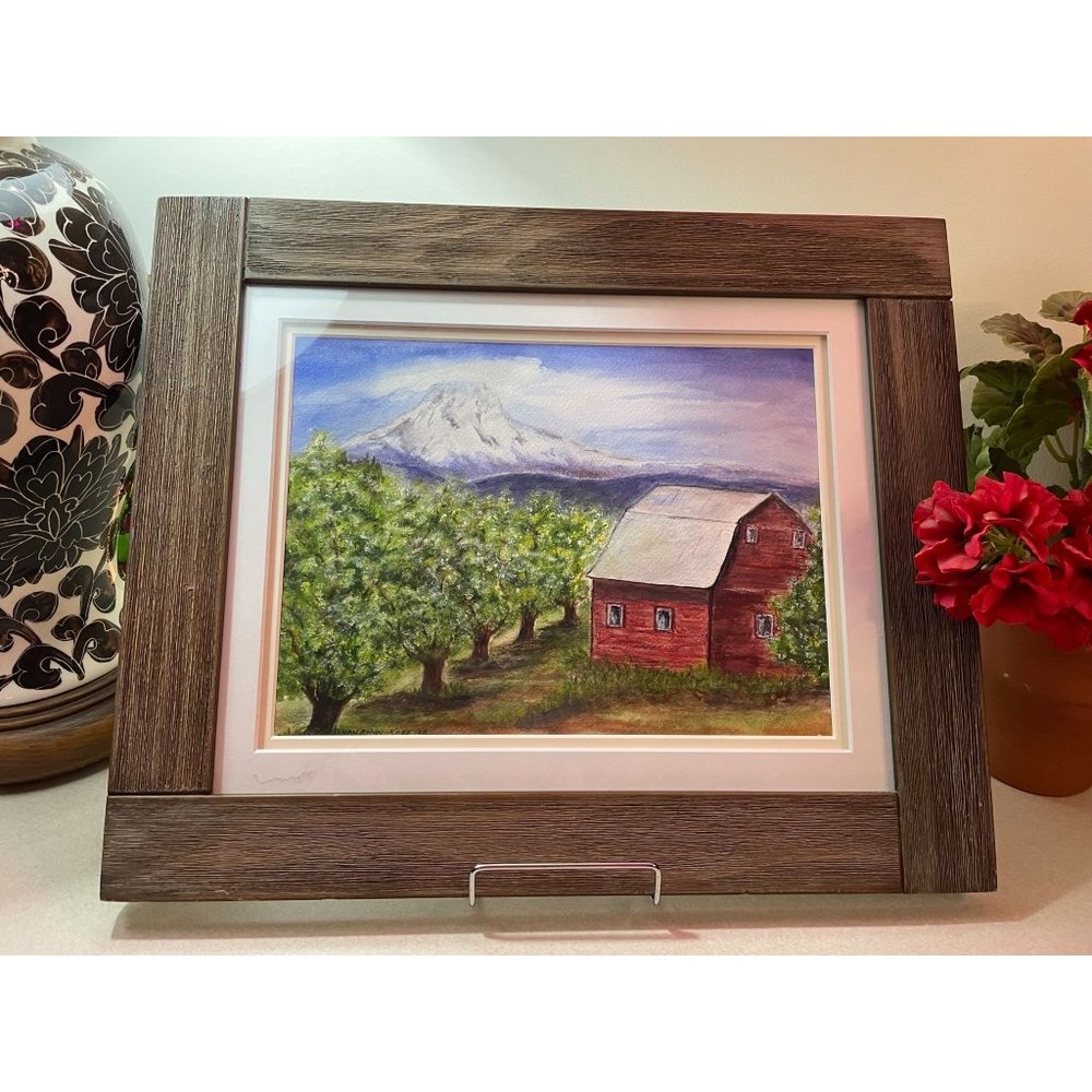Original Watercolor Landscape Painting Mt Hood Oregon Barn in Orchard  9x11 Sign